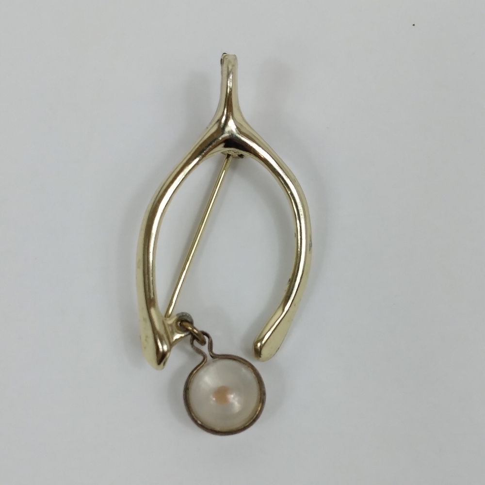 Vintage Wishbone Gold Tone Mustard Seed Faith Symbols Charm Brooch Pin